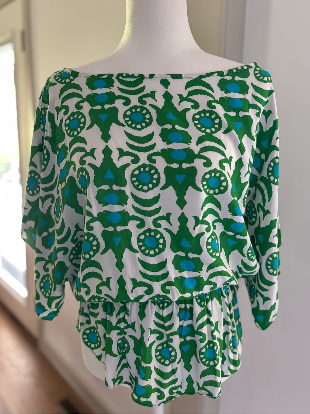 Escapada XL Green Turquoise Abstract Print Rayon Peplum Top Boho
